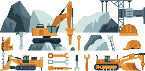 Construction and mining machinery illustration, excavators, drilling equipment, heavy vehicles, tools and safety gear, industrial worksite vector set