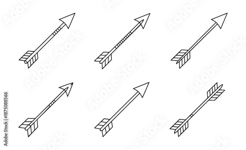 Linear arrow icons set with different feather fletching and arrowhead designs for creative decoration