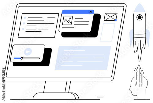 Website interface. Website interface web pages, multimedia tools, and productivity elements. Website design innovation for project management, education, business, and startups. Technology