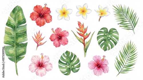 Vibrant watercolor collection of exotic tropical flowers and lush green leaves, a beautiful botanical set perfect for summer designs, invitations, and nature-themed projects