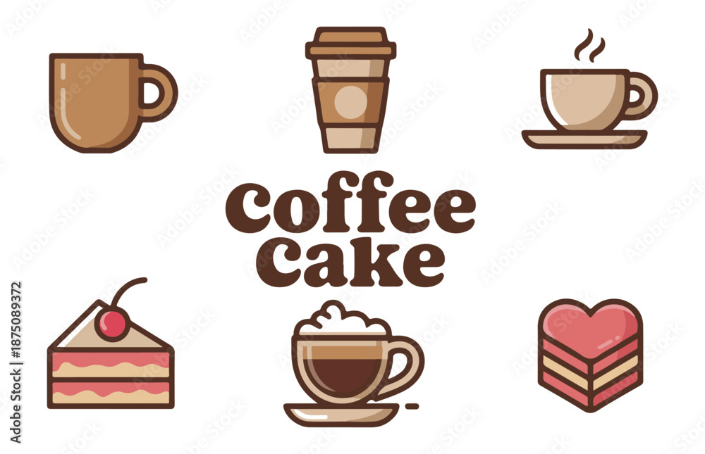 Obraz premium Coffee cake dessert sweet treats delicious pastry and beverage icon set food and drink collection graphic