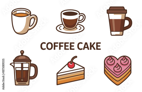 Coffee and cake icons, cup, french press, slice of cake with cherry, heart cake