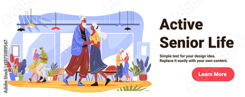 Active senior couples dancing leisure indoor activity elderly people enjoying social lifestyle modern interior plants colorful decor