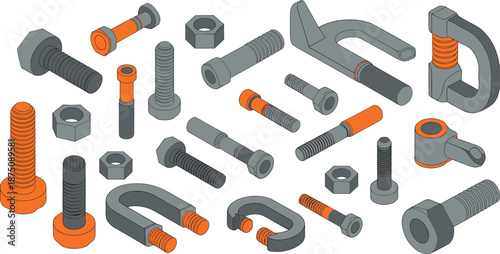 Isometric metal fasteners illustration, bolts, nuts, screws, hooks, industrial hardware components, mechanical fixing elements, construction vector set
