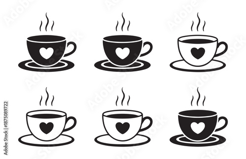 Various coffee cups with saucers featuring heart outline and solid fill contrast designs