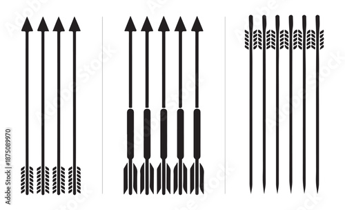 A collection of black silhouette arrow groups in sets of three and four on a white background
