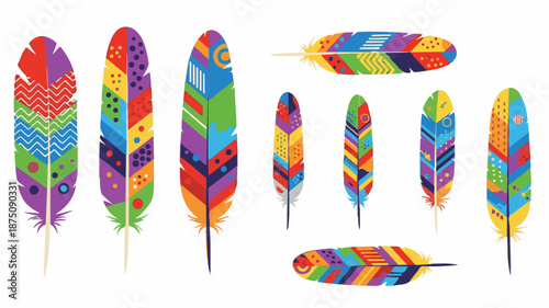 Vibrant multicolored feathers with various patterns on a white background in a flat lay composition.