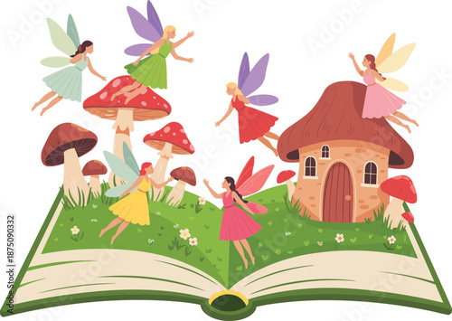 Magical fairy garden storybook with flying fairies and mushroom houses fantasy illustration for children books isolated on white background