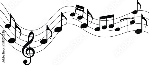 musical notes staff illustration, flowing melody symbol, black treble clef design, classic sheet music element, sound rhythm concept art