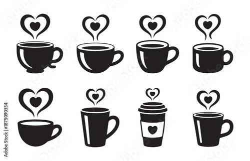 Wallpaper Mural Set of eight modern coffee cup icons with heart shaped steam and heart detail Torontodigital.ca