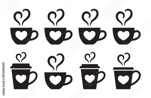 Set of eight black coffee cups with steam in heart shape and saucer for coffee or tea