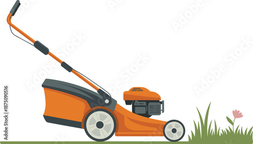 Orange lawn mower illustration, garden grass cutting machine, outdoor yard maintenance equipment isolated on white background vector