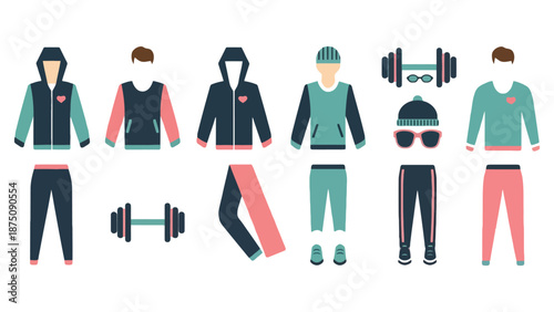 A colorful illustration of various fitness clothing and equipment for a healthy lifestyle