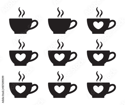 Nine black coffee cups with steam and saucer for coffee or tea drinks