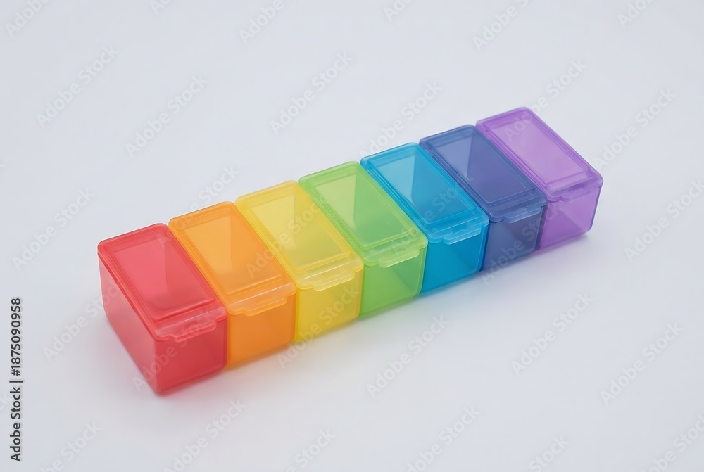 Fototapeta premium Set of colorful rainbow pill boxes or storage containers arranged in a row to represent organization and health. Medical regimen planning or small item storage.