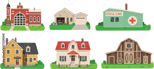 Set of residential houses, fire station, medical clinic and barn buildings illustration, cartoon town architecture collection for real estate projects