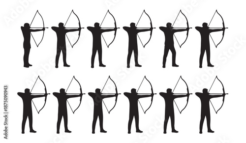 Sequence of archers in silhouette demonstrating various stages of drawing and aiming a recurve bow