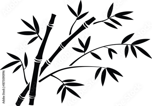 Black bamboo stalk and leaf silhouette set, oriental zen nature vector flat illustration botanical design element