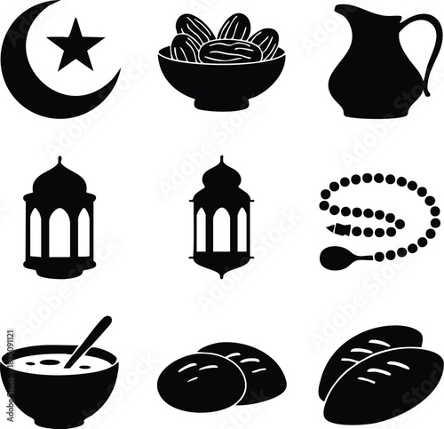 Ramadan Kareem Icon Set, Islamic Traditions Silhouette Collection, Minimalist Iftar Symbols and Graphics, vector, illustration, silhouette