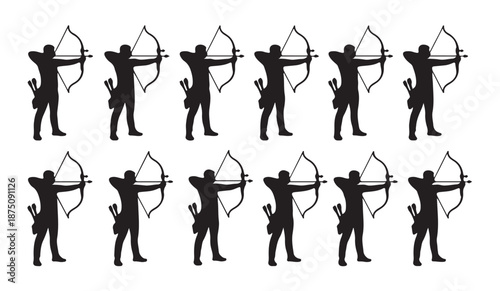 Archery training silhouettes showing professional bowmen holding bows and aiming at target in rows for