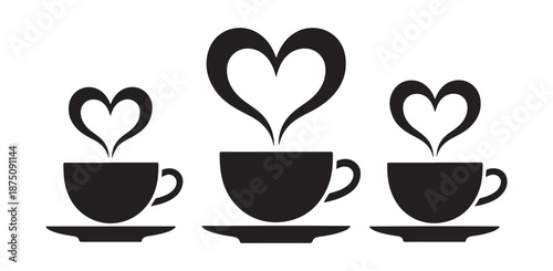 Three black silhouette coffee cups with steam forming heart shapes for love and warmth