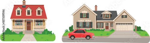 Suburban family houses with car in front yard, modern and classic home exterior illustration, real estate residential neighborhood concept