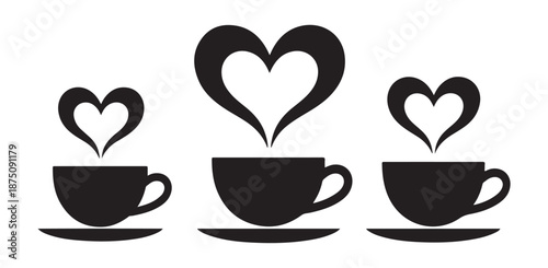 Three black silhouette coffee cups with steam forming heart shapes for love and warmth