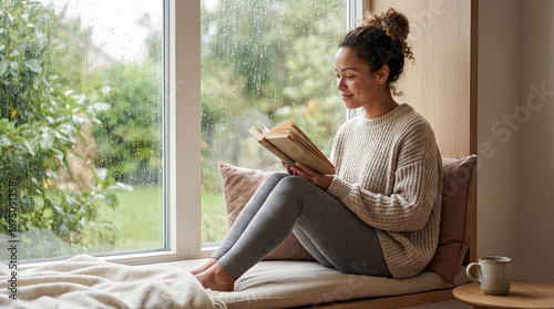 Relaxed young woman sitting on comfortable window sill reading a hardcover book while it rains outside in garden during cozy autumn afternoon at home