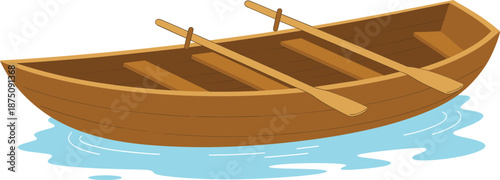 Wooden rowboat floating on water with oars vector illustration isolated on white background for fishing travel adventure design