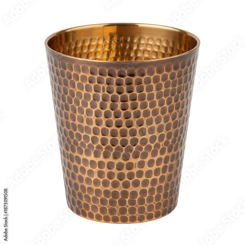 Textured hammered copper metal cup with dimpled pattern and antique bronze style finish