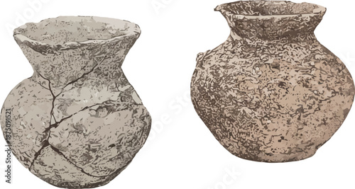 Two Textured Illustrations of Ancient Artifact Pottery Representing Prehistoric Archaeological Finds