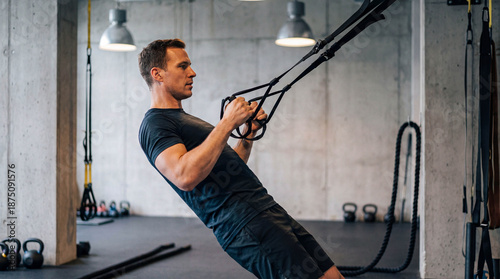 Fit male athlete performing suspension row exercise using black straps in modern gym with concrete walls and industrial lights for strength training