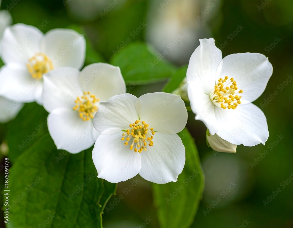 Obraz premium A close-up of white flowers with yellow stamens and green leaves