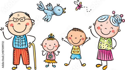 Whimsical Hand-Drawn Cartoon Illustration of a Happy Family Featuring Grandparents and Grandchildren with a Bird and Butterfly