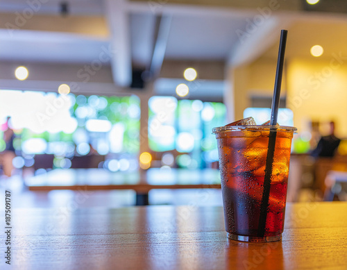A refreshing iced drink with condensation and a straw sits on a wooden table in a brightly lit, blurred cafe background, evoking a relaxed, casual atmosphere.