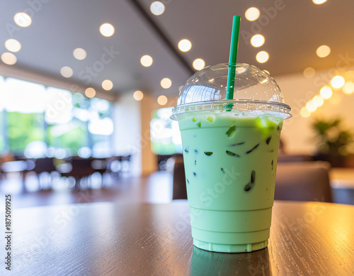 Refreshing iced green tea latte with a green straw in a plastic cup on a wooden table. Cozy cafe background with warm bokeh lights.