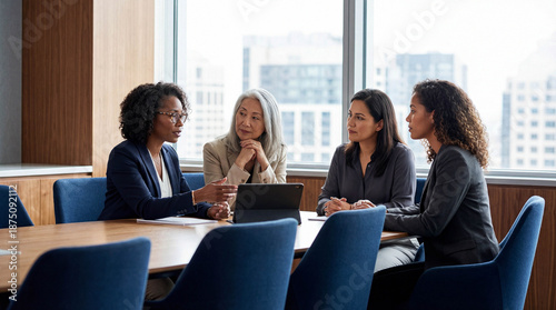 Diverse group of female business leaders in a modern boardroom meeting discussing strategy with a tablet by a large window.