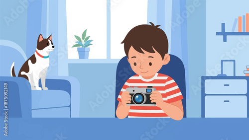 A young boy holds a camera, while his brown and white dog sits on a blue couch in a bright room