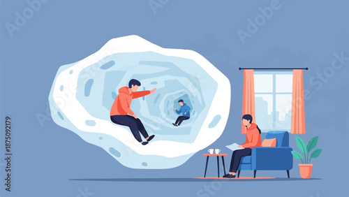 A person in a room reading, observing another pulled into a swirling mental vortex with a smaller self