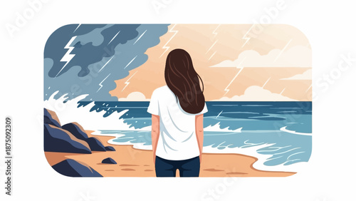 A person views a dramatic split sky over a turbulent ocean with crashing waves and lightning on a sandy beach