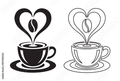 Coffee cup silhouettes featuring heart steam with bean symbol in solid black and outlined style set