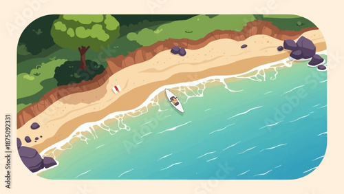 Aerial view of a vibrant, pixel-art beach with a person kayaking, green foliage, and blue ocean