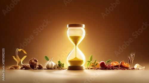 reverse. A glowing hourglass with golden sand flowing upwards, surrounded by symbolic objects representing healthy habits against a dawn gradient. wellbeing guides.
