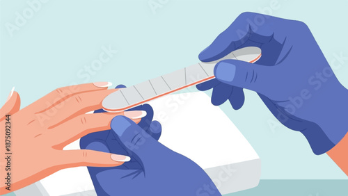 A person with blue-gloved hands filing the long, well-kept nails of another person's hand