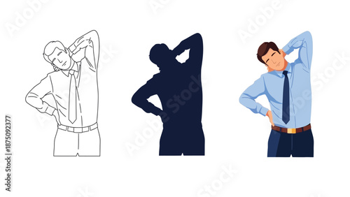 Set of three illustrations showing a businessman performing a neck stretch exercise, including line art, silhouette, and fullcolor versions