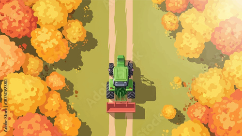Aerial view of a green tractor on a dirt path surrounded by colorful autumn trees in a field