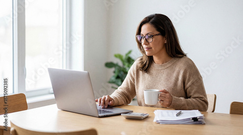 Focused middle-aged woman in glasses sitting at a wooden table, working on finances and filing taxes online with a laptop at home.