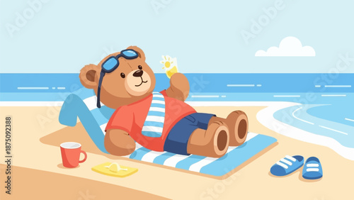 Animated brown teddy bear lounges on a striped beach towel by the sea, sipping a sunny drink