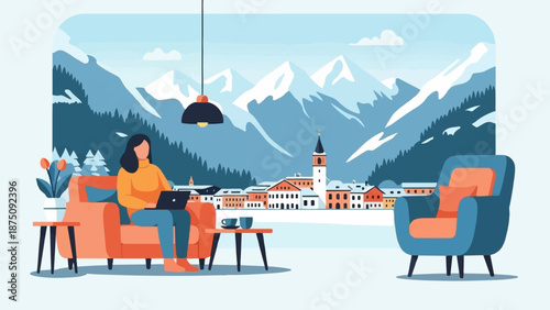A person works on a laptop on a cozy couch, enjoying a scenic mountain village and snowy landscape view