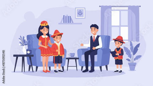An animated family, two adults and two children in costumes, interacting happily in a cozy living room